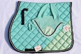 MINT GREEN ENGLISH SADDLE PAD MATCHY SET WITH FLY BONNET - £36.03 GBP