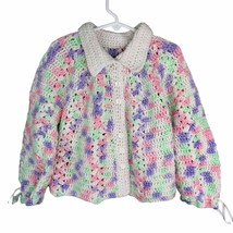 Handmade Knitted Baby Jacket Sweater Flower Buttons Ribbons Long Sleeve - £19.98 GBP