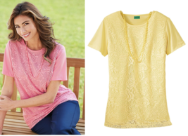 New Sara Morgan Lace Overlay Short Sleeve Blouse &amp; Faux Pearl Necklace Small - £7.98 GBP