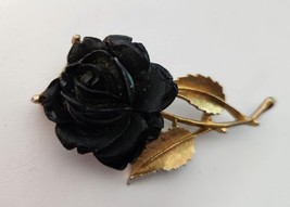Black Carved Resin Rose Brooch Pin in a Brushed Gold Tone Setting Large ... - $27.99