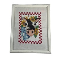 Vintage Cow w/ Sunflowers Framed Cross Stitch 8x10 Country Cottage core Kitchen - £22.36 GBP