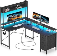 Computer Desk L Shaped With Led Lights &amp; Power Outlet, 56&quot; Reversible Gaming Des - £231.96 GBP