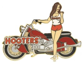 HOOTERS SEXY BRUNETTE GIRL RED &amp; GOLD MOTORCYCLE / BIKE / BIKER LAPEL BA... - $14.99