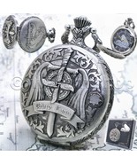 Silver Pocket Watch for Men 47 mm Japan Wind Land Sword Design with Chai... - $30.07 CAD