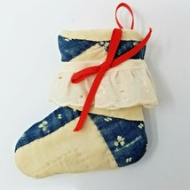 Christmas Ornament Boot Fabric Blue White Bow Vintage 1970s Handmade  - $15.15