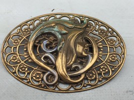 Vintage Art Nouveau Filigree WOMAN Painted Jewelry Brooch Pin Oval 2.25&quot; - £31.54 GBP