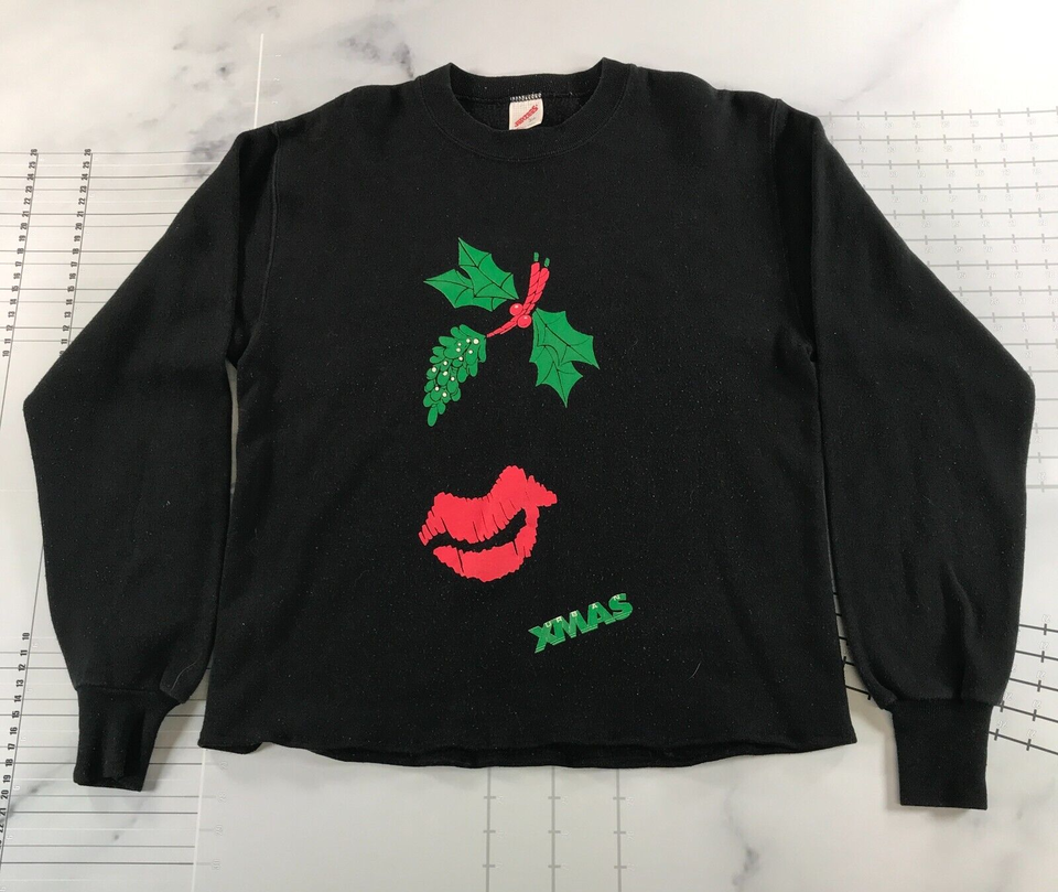 Vintage Christmas Crew Neck Sweatshirt Womens Large Black Graphic Mistle... - $19.79