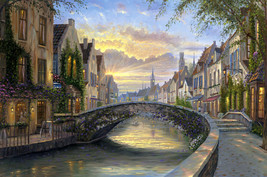 Art Giclee Printed Oil Painting Print Night sunset house bridge river Canvas - £8.15 GBP+