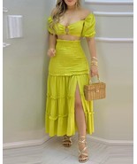 Sexy Floral Print Crop Top &amp; Frill Hem Shirred Slit Maxi Skirt Set - $72.64 CAD