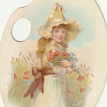 1800&#39;s Antique Victorian New Year Card - Girl in Ruffled Hat Picking Flo... - $7.50