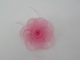 HAIR BARETTE OR LAPEL PIN PINK FOLDED TULLE FLOWER W FEATHERS THREE DIME... - $12.99