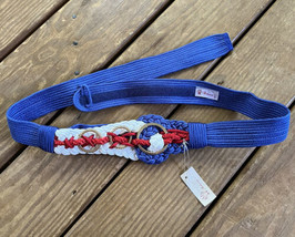 Vintage 80&#39;s Rope Belt Braided Gold Tone Metal Rings Blue Red White NEW NOS - £38.71 GBP