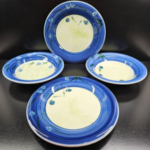 4 Pc Varm Ceramica Blueberry Dinner Plate Pasta Bowl Set Green Leaves Italy Lot - £78.87 GBP