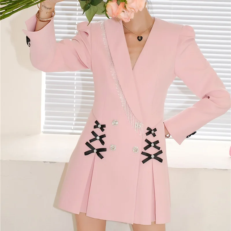  Spring Suit Jacket Women Office Ladies Elegant Pink Bow Tassel Double Breasted  - £269.80 GBP