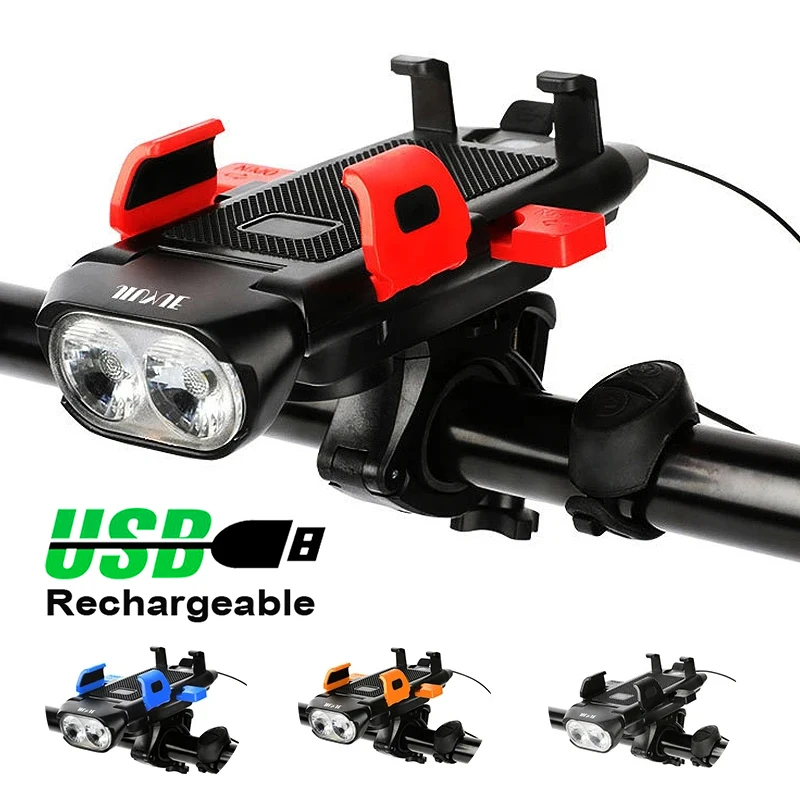 4 In 1 Bicycle Front Light USB Chargeable Bike Horn Phone Holder Cycling - £20.81 GBP