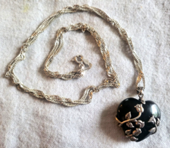 Vintage JC925 Sterling Silver Roses &amp; Puffy Black Onyx Heart Pendant on ... - $67.99