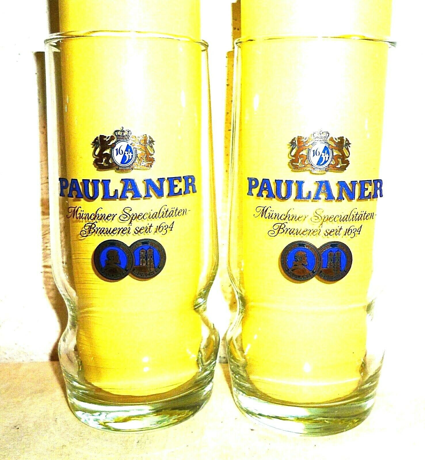 2 Paulaner Munich Munchner Spezialitaten Brauerei German Beer Glasses - $9.50