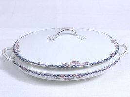 Antique Covered Veg Soup Bowl Dish HR Wyllie China 10&quot; White Blue Border Pink Fl - £18.55 GBP