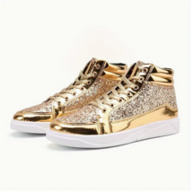 Men&#39;s Golden Glitter High Top Basketball Shoes Sneakers Tennis Wedding Festival - £35.84 GBP
