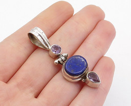 925 Sterling Silver - Vintage Lapis Lazuli &amp; Amethyst Hinge Pendant - PT3093 - £27.76 GBP