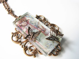 Antique Copper Filigree Butterflies and Glass Tile Pendant Necklace casual Fashi - $16.00