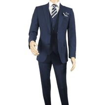 Men Suit BERLUSCONI Turkey 100% Italian Wool Super 180's 3pc Vested #Ber20 Navy image 2