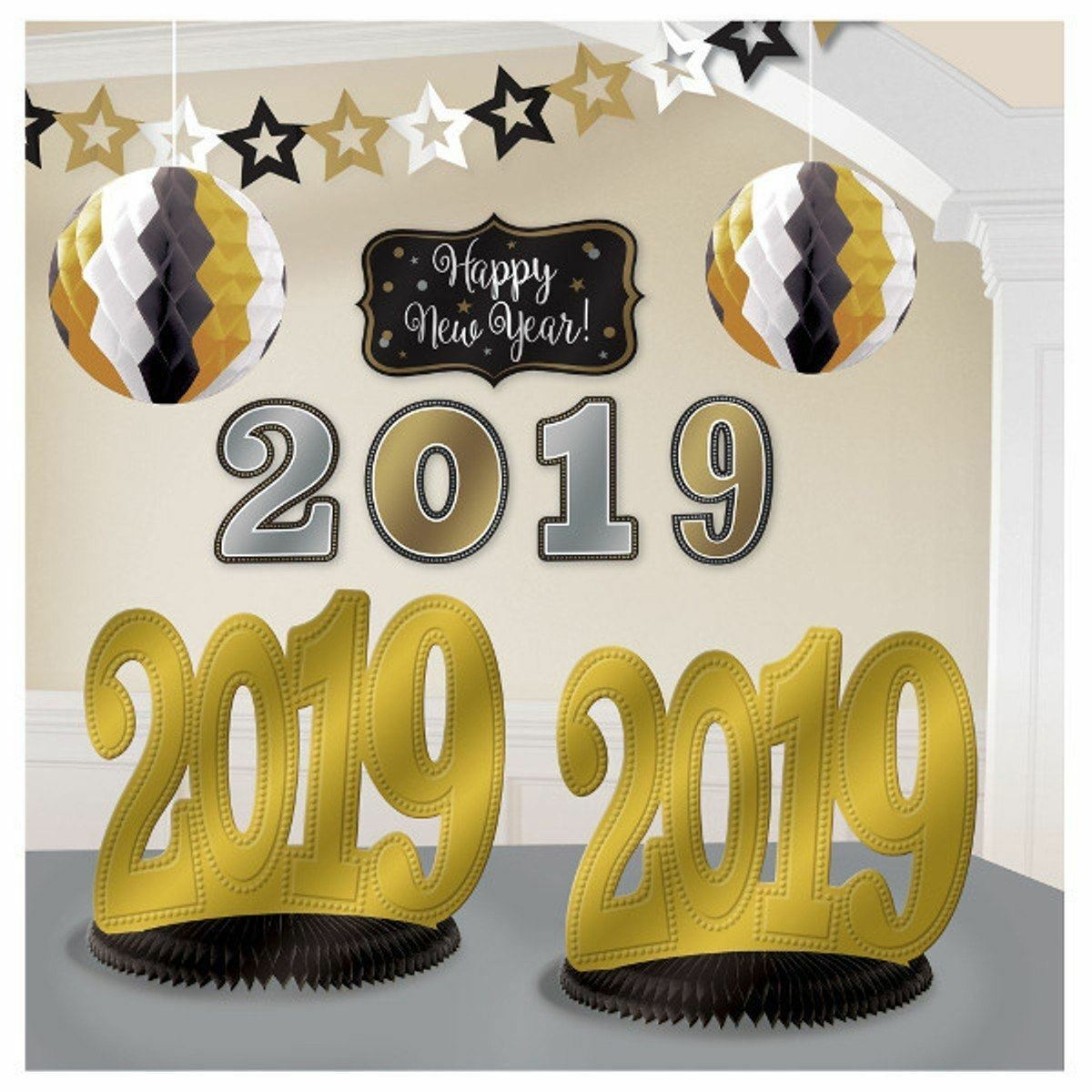2019 New Years Eve Graduation Room Decorating Kit 10 Pc Black Gold Silver - $9.89