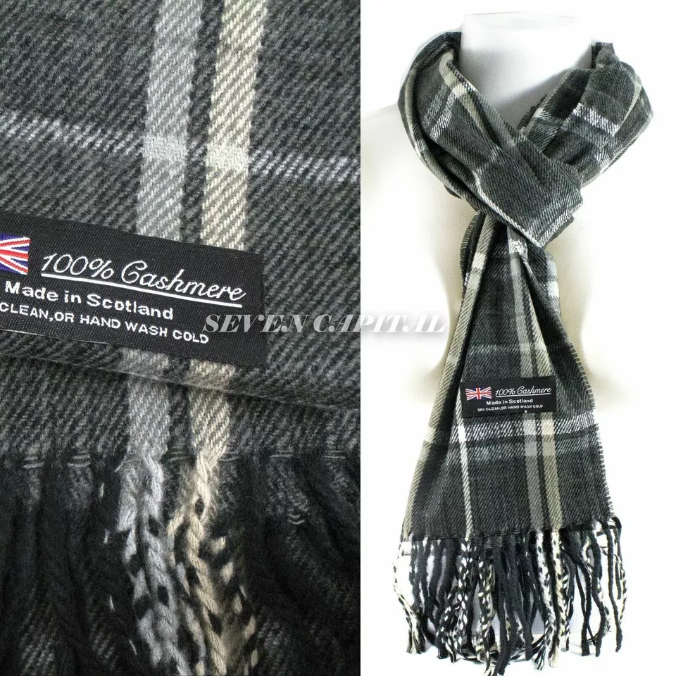 1 Charcoal Beige Plaid Scarf 100% Cashmere Scotland Super Soft - $23.00