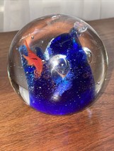 Vintage Glass Paperweight, Tiny Bubbles Clear, Cobalt Blue, Red Butterfl... - £10.48 GBP