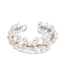 Elegantly Handcrafted White Pearl &amp; Crystal Flowers Cuff Bracelet - £21.78 GBP