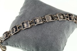Vintage Thai Silver Siam Niello Enamel Panel Bracelet 7&quot; - £50.61 GBP