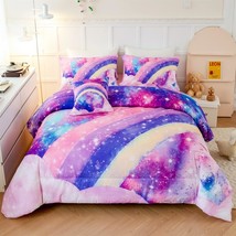 6Pcs Teen Pink Bedding Set Full For Girls, 3D Tie Dye Comforter Pink Colorful Ra - £75.13 GBP