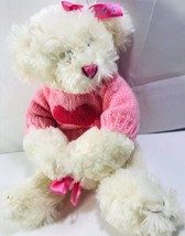 Cream Bear Plush Pink Heart Sweater Love Ribbon  White Stuffed Sewn Nose 15” - £12.76 GBP