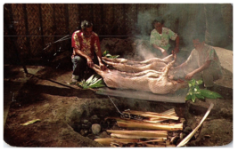 Luau Preparations Pig On Top of Imu Outdoor Oven Hawaii Postcard - £6.19 GBP