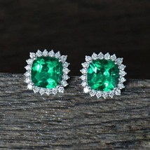 3.00Ct Cushion Cut Simulated Emerald Halo Stud Earrings 14K White Gold Plated - £78.89 GBP