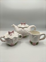 Vtg Silvestri Love Birds Teapot Creamer Sugar Bowl Set Pink Rose Floral Pattern - £31.65 GBP