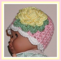 Baby Girl Hat With Yellow Rose, Pink Baby Hat With A Yellow Flower - £13.58 GBP