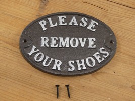 Please Remove Your Shoes Sign Plaque Cast Iron Rustic Brown Silver Letters LARGE - £13.32 GBP