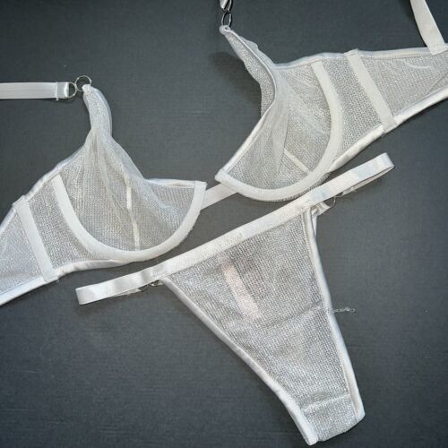NWT Victoria&#39;s Secret unlined 32D BRA SET XS defect itsy panty SILVER gr... - $59.39