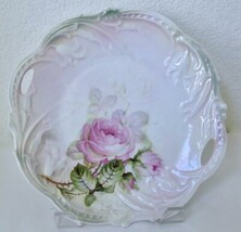 Antique Bavaria Cabinet Plate w Pink Roses Embossed Rim Handles Victorian Green - £23.97 GBP