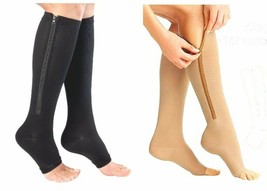 Zippered Compression  Knee High Stockings Open Toe Nude or Black Sizes S... - $14.99