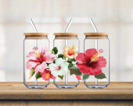 Pink, White &amp; Yellow Hibiscus  | UV DTF 16oz Glass Can - $75.62 MXN