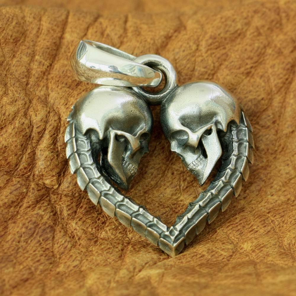 LINSION 925 sterling silver double skull heart men's pendant Jewelry - $144.99