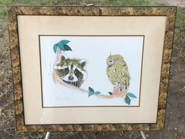 Robert Marble Vintage &quot;Owl &amp; Raccoon&quot; Hand Signed Framed Serigraph Animal Art - £207.05 GBP
