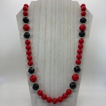 Vintage Beaded 28&quot; Necklace Round Red Pinched Black Gold Spacer Beads Sp... - £11.60 GBP