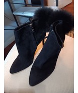 ANTONIO MELANI BLACK LEATHER SUEDE FOX FUR SHOES ZIPPERED 3 1/2&quot; HEELS 7... - $58.90