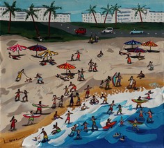 Lisa Levina Untitled Original Acrylic on Canvas Signed Surfing Beach 12x12 - £350.32 GBP