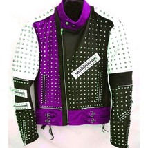 Purple Unique Design Full Studded Biker Leather Jacket Black White Color Mens - £128.58 GBP