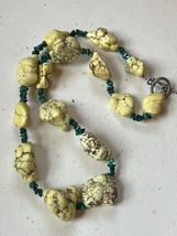 Faux Yellow Chunky Stone w Tiny Faux Turquoise Nuggets Beaded Necklace – 18 inch - £11.96 GBP