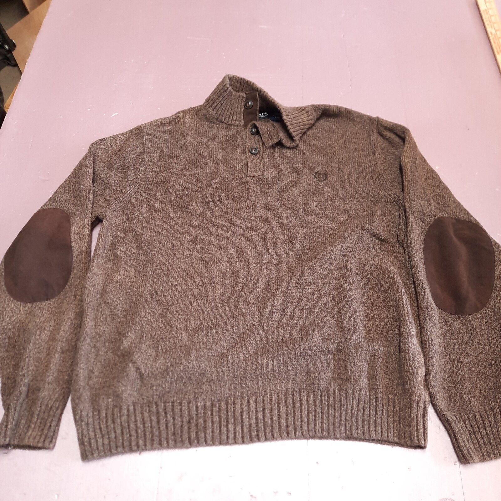 CHAPS Sweater Men Large Brown Elbow Pad Knit Pullover Button Collar Cozy... - $17.05